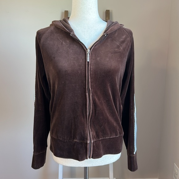 New York Laundry Tops - N.Y.L. Chocolate Brown Velour Hoodie with Blue Striping on Arms Size Medium GUC
